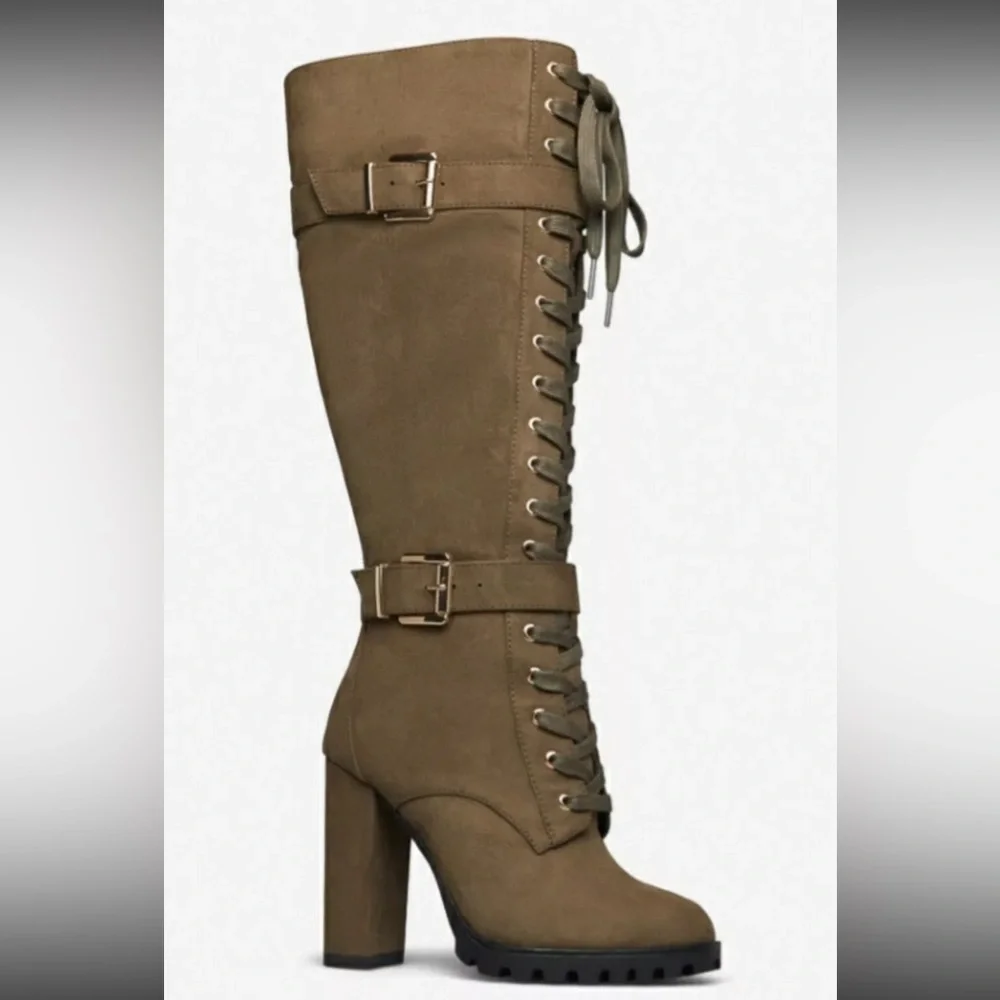 ‼️CLEARANCE Rangi Block Heeled Boots Olive Caviar Lace Up Women's 9 - Picture 2 of 10
